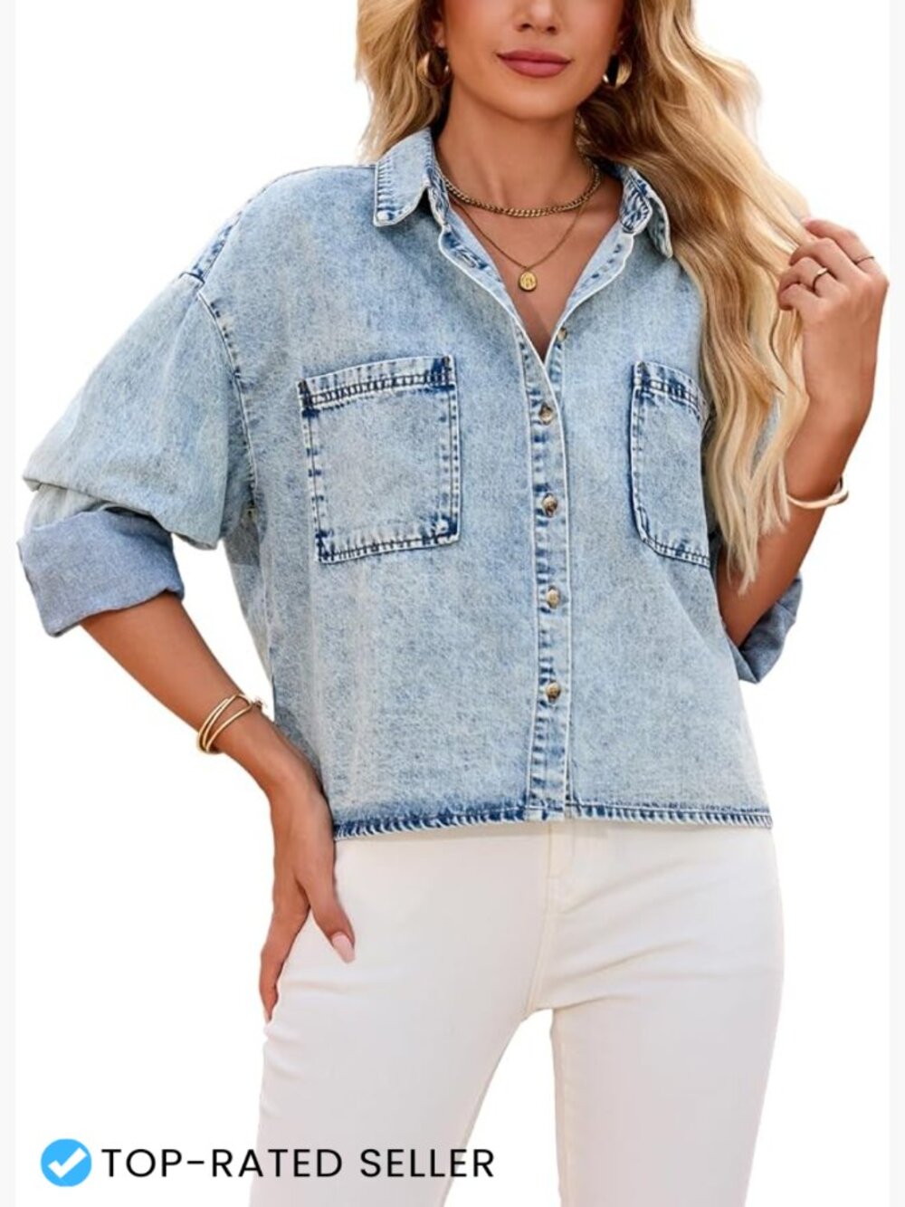Cropped Denim Shirt Women Long Sleeve Button Down Lightweight Y2K Casual Jean
